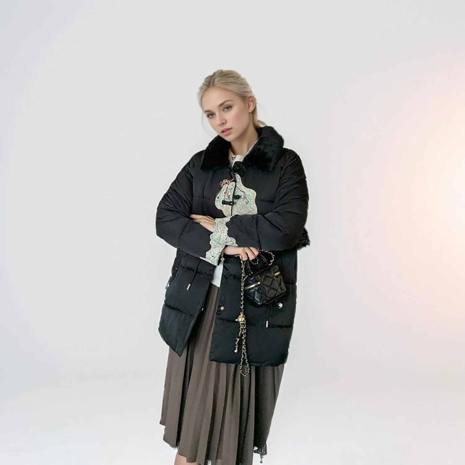 Women's Fashion Casual Thickened Embroidery Winter Warm Down Coat Jacket Trendy Warm Clothes Zip Up Puffer Outerwear