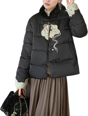 Women's Fashion Casual Thickened Embroidery Winter Warm Down Coat Jacket Trendy Warm Clothes Zip Up Puffer Outerwear