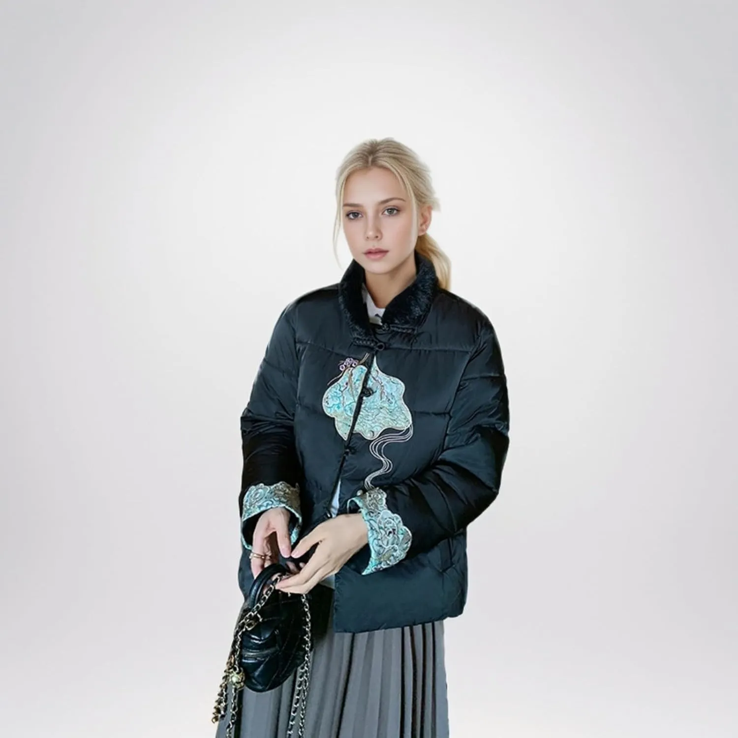 Women's Fashion Casual Thickened Embroidery Winter Warm Down Coat Jacket Trendy Warm Clothes Zip Up Puffer Outerwear
