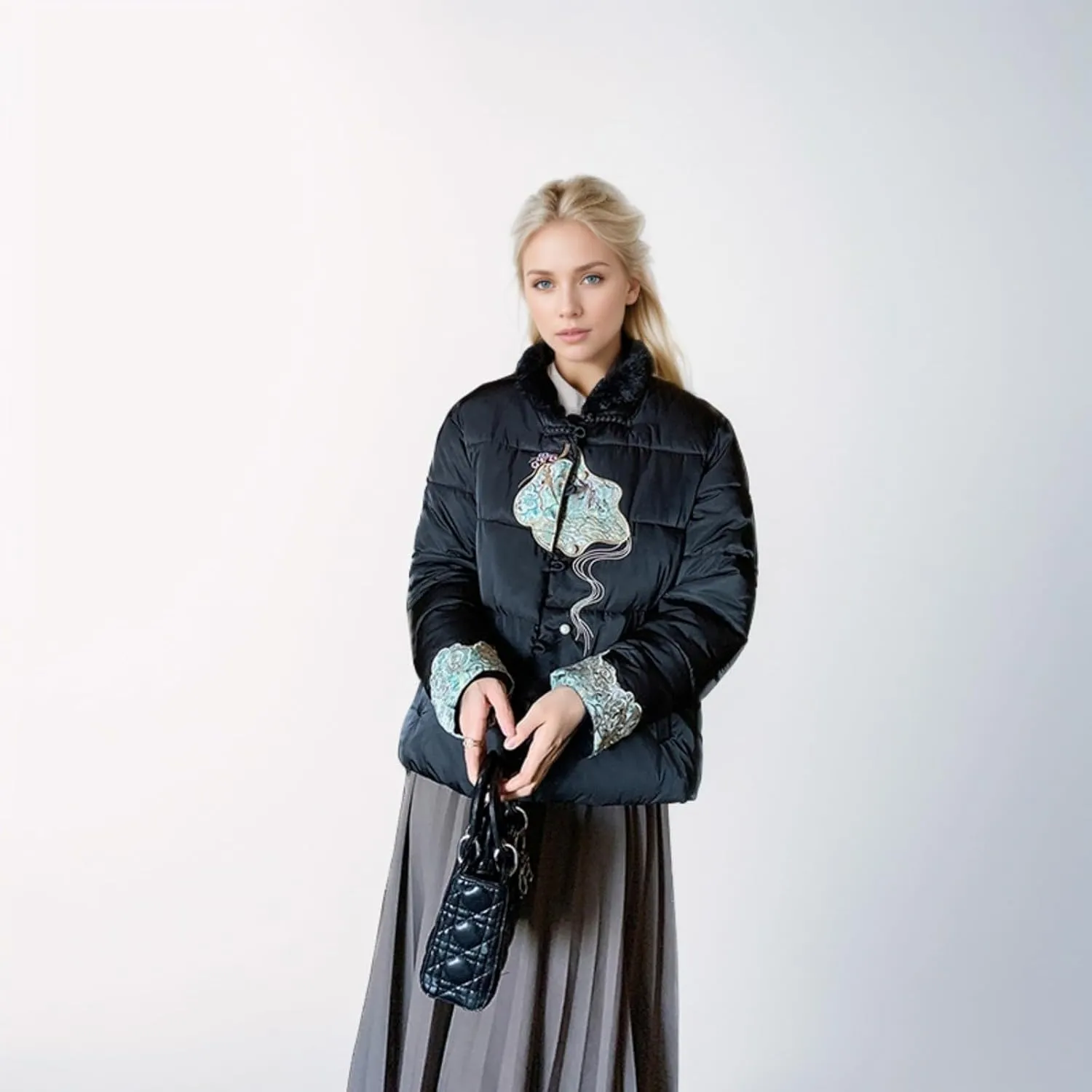 Women's Fashion Casual Thickened Embroidery Winter Warm Down Coat Jacket Trendy Warm Clothes Zip Up Puffer Outerwear