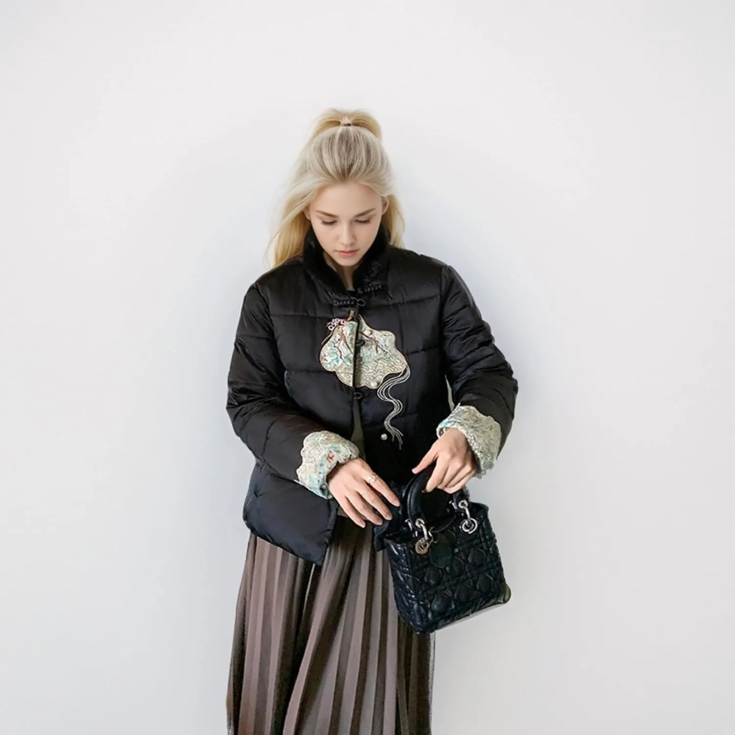 Women's Fashion Casual Thickened Embroidery Winter Warm Down Coat Jacket Trendy Warm Clothes Zip Up Puffer Outerwear