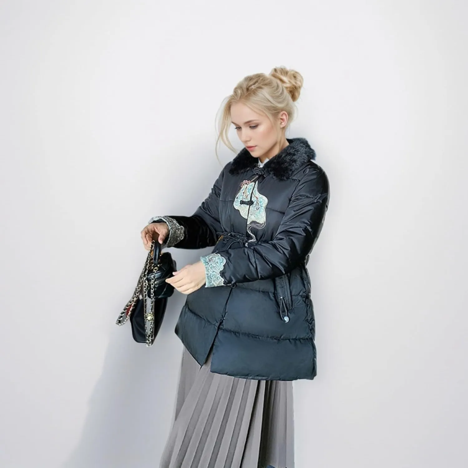 Women's Fashion Casual Thickened Embroidery Winter Warm Down Coat Jacket Trendy Warm Clothes Zip Up Puffer Outerwear