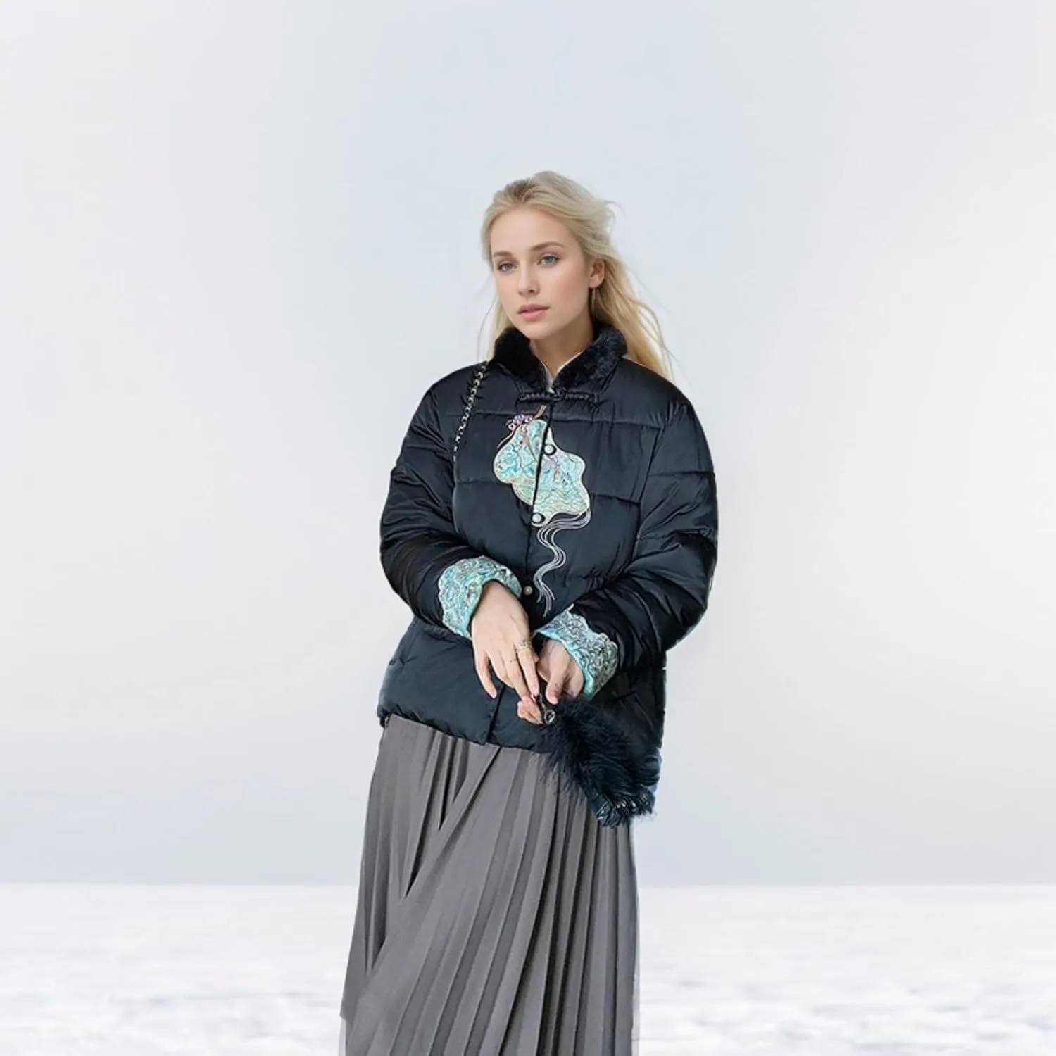 Women's Fashion Casual Thickened Embroidery Winter Warm Down Coat Jacket Trendy Warm Clothes Zip Up Puffer Outerwear