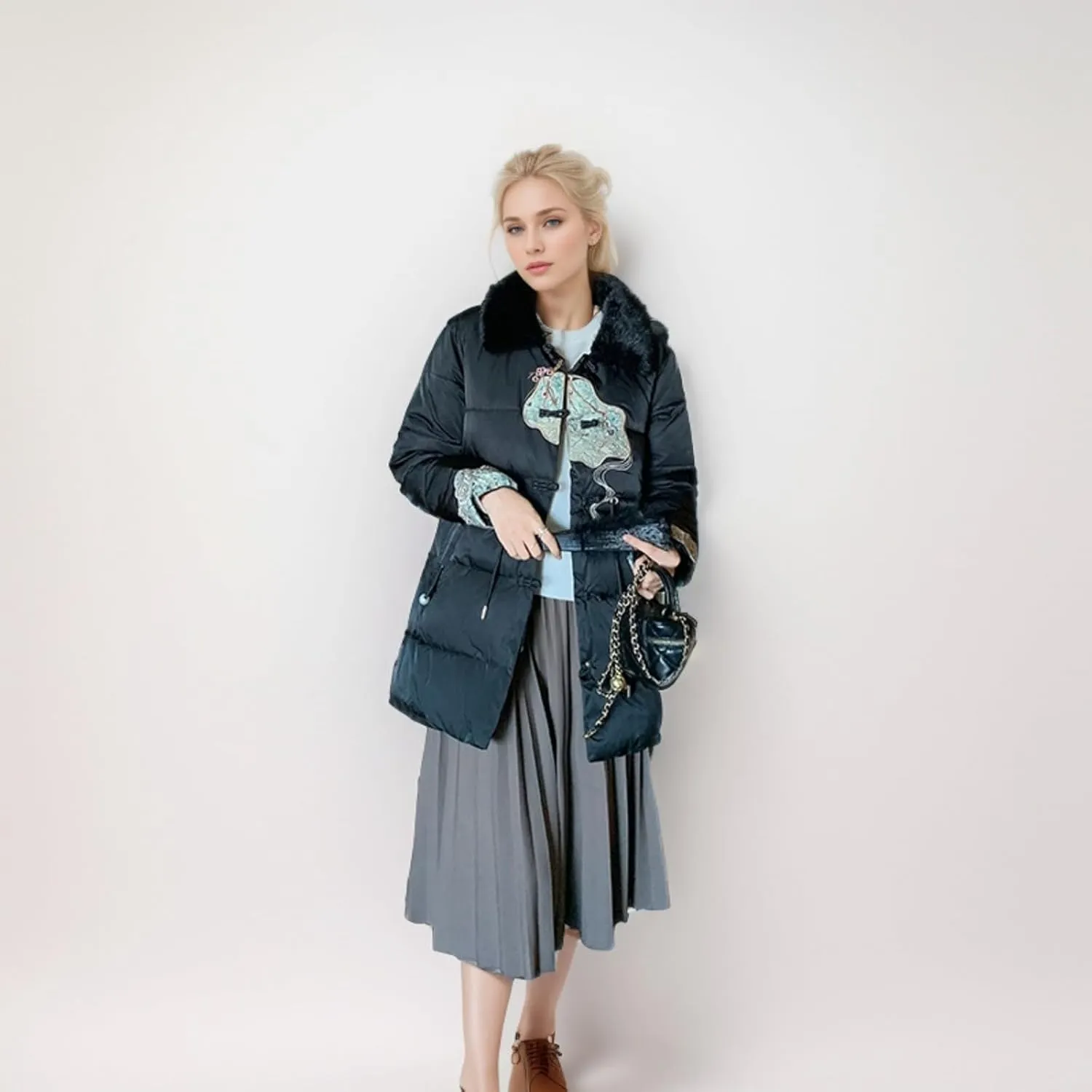 Women's Fashion Casual Thickened Embroidery Winter Warm Down Coat Jacket Trendy Warm Clothes Zip Up Puffer Outerwear