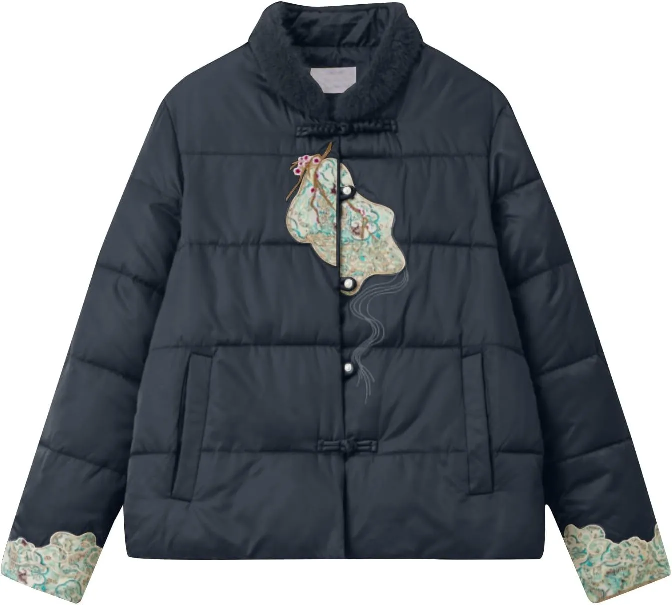 Women's Fashion Casual Thickened Embroidery Winter Warm Down Coat Jacket Trendy Warm Clothes Zip Up Puffer Outerwear