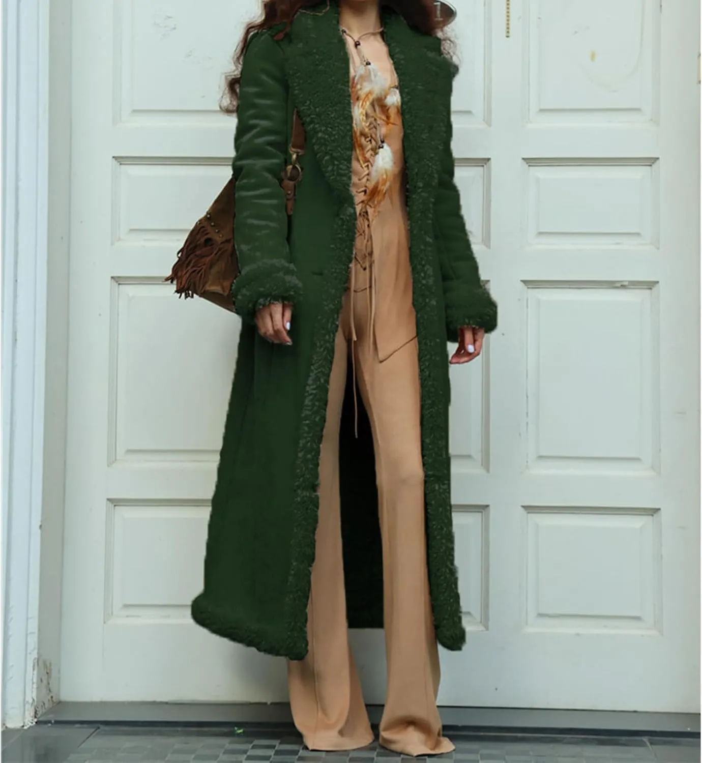 Womens Faux Fur Coat Sherpa Lined Fuzzy Fleece Jacket Lapel Button Oversized Long Jacket Warm Winter Coat Outerwear