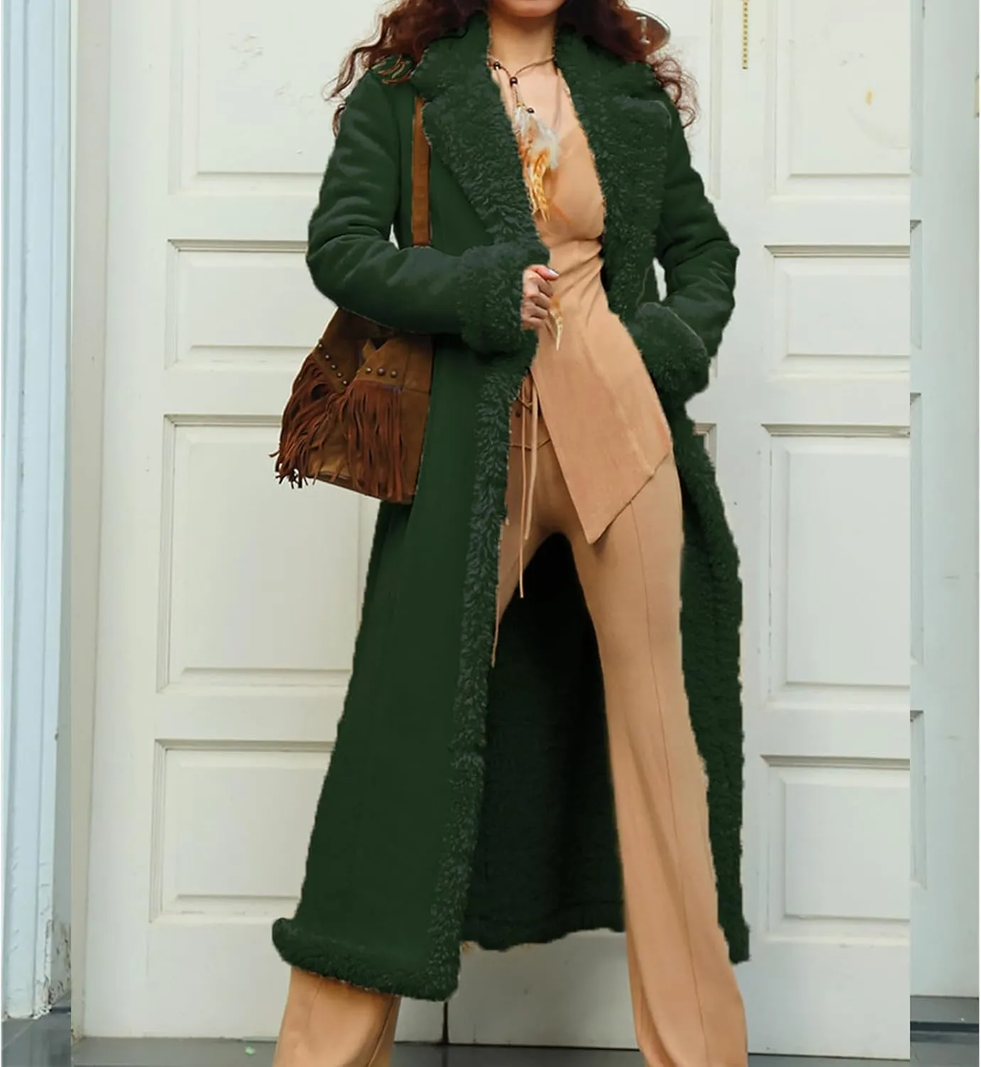 Womens Faux Fur Coat Sherpa Lined Fuzzy Fleece Jacket Lapel Button Oversized Long Jacket Warm Winter Coat Outerwear