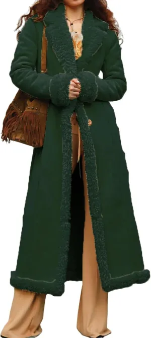 Womens Faux Fur Coat Sherpa Lined Fuzzy Fleece Jacket Lapel Button Oversized Long Jacket Warm Winter Coat Outerwear