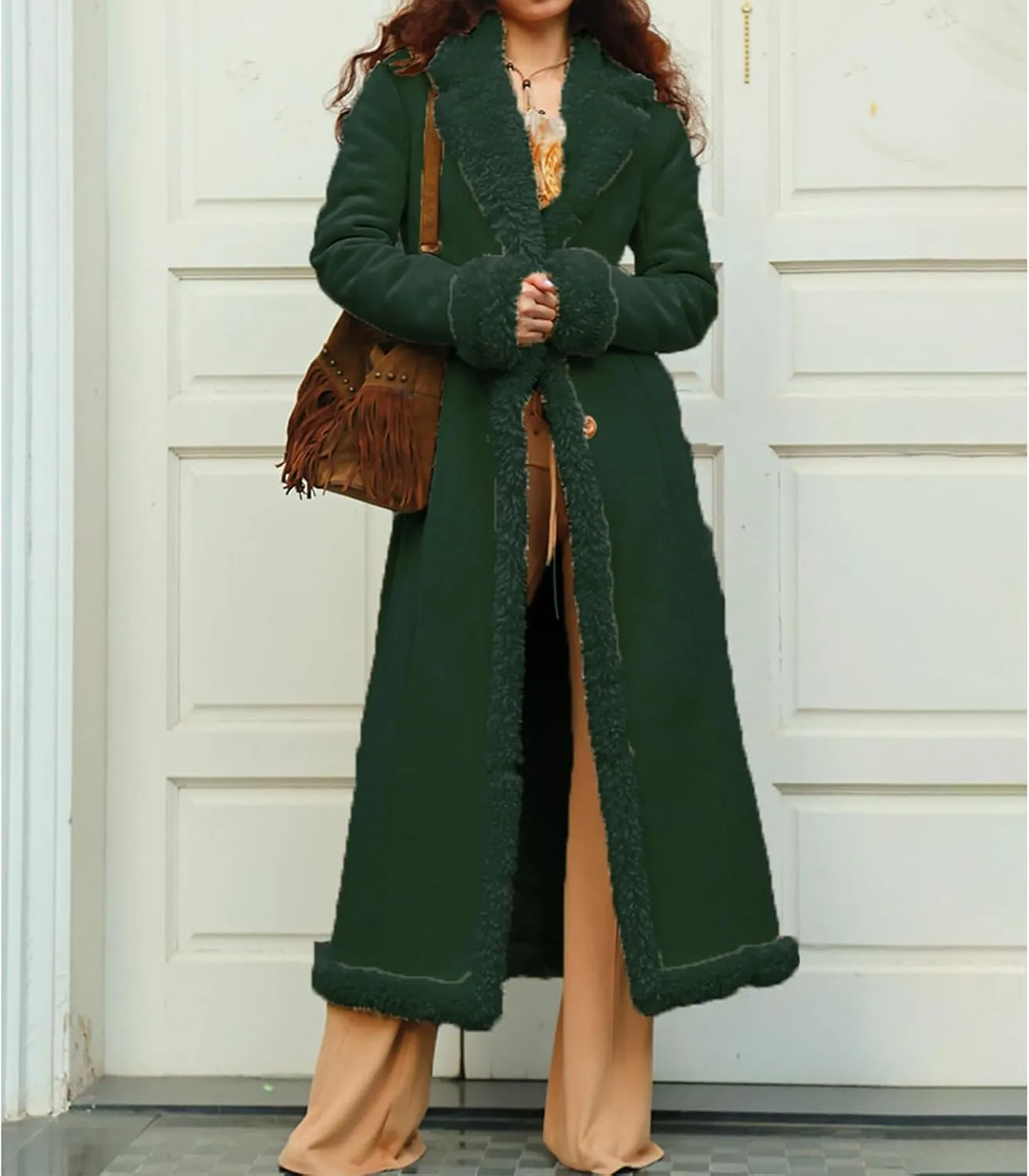 Womens Faux Fur Coat Sherpa Lined Fuzzy Fleece Jacket Lapel Button Oversized Long Jacket Warm Winter Coat Outerwear