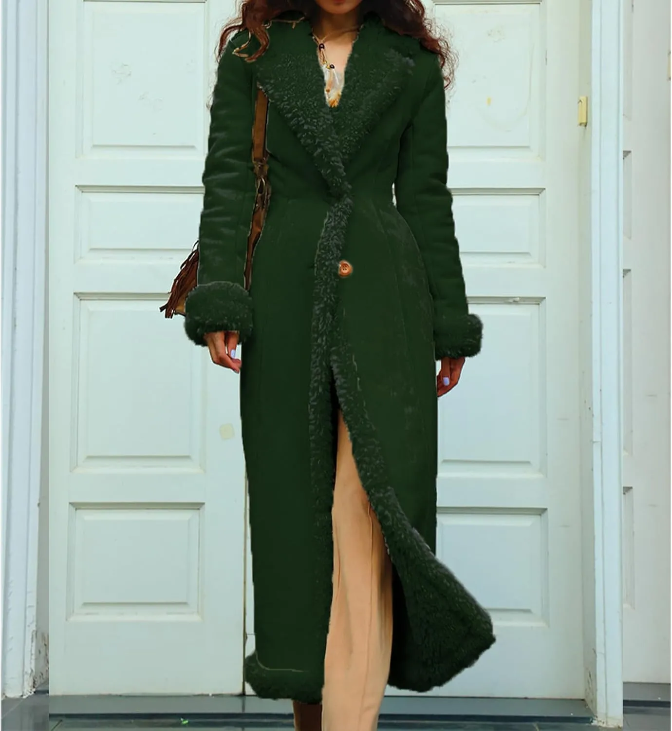 Womens Faux Fur Coat Sherpa Lined Fuzzy Fleece Jacket Lapel Button Oversized Long Jacket Warm Winter Coat Outerwear