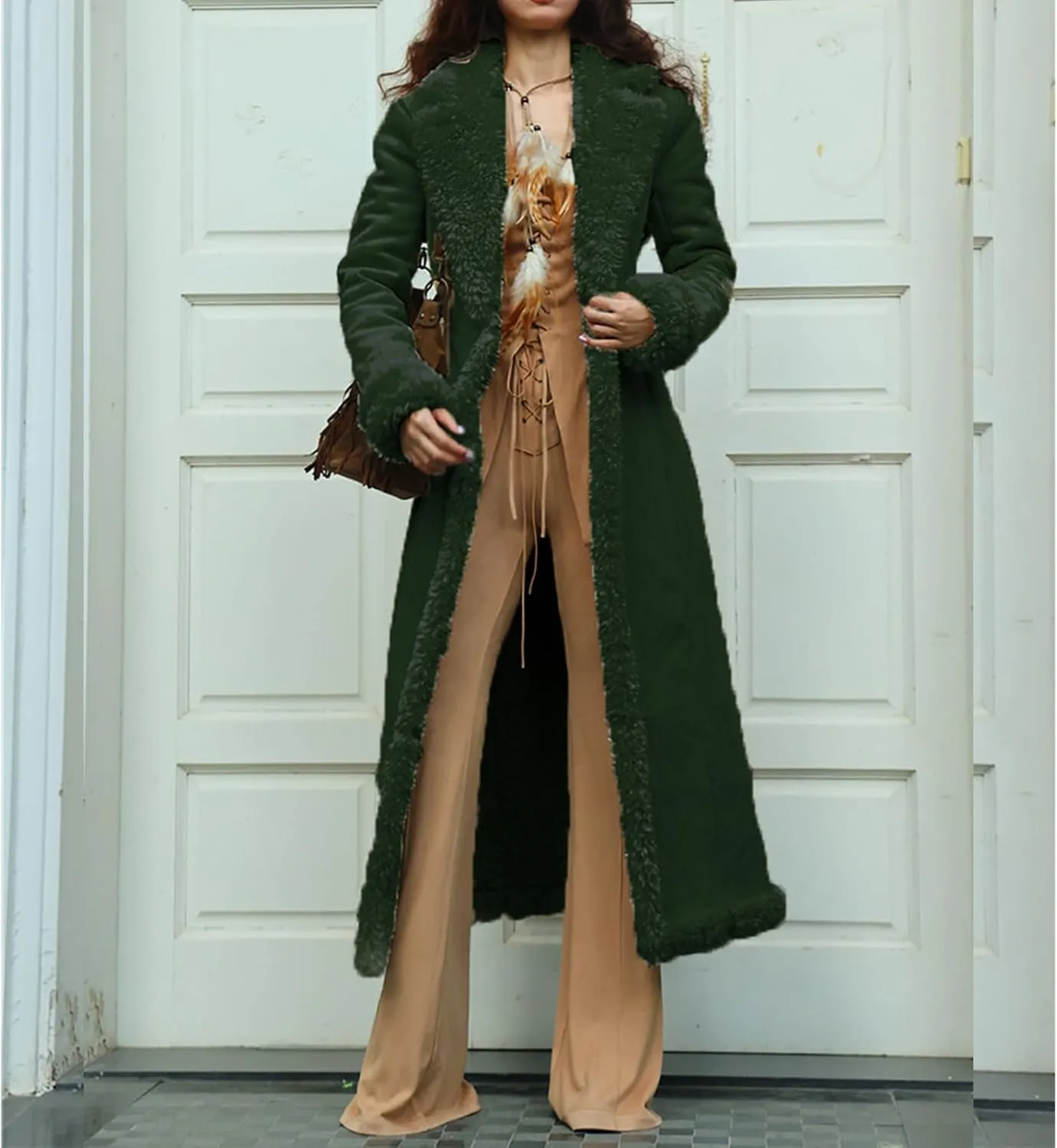 Womens Faux Fur Coat Sherpa Lined Fuzzy Fleece Jacket Lapel Button Oversized Long Jacket Warm Winter Coat Outerwear
