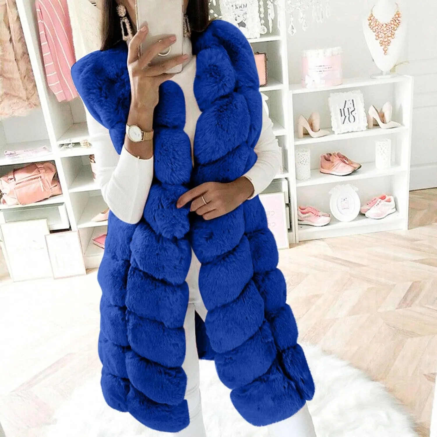 Womens Faux Fur Winter Coats Sleeveless Warm Jacket Sherpa Vest Plus Size Fuzzy Fleece Long Coat Outerwear with Pocket