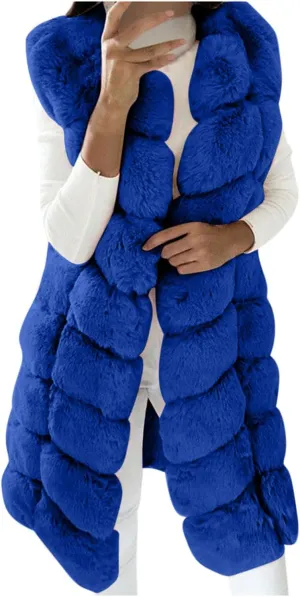Womens Faux Fur Winter Coats Sleeveless Warm Jacket Sherpa Vest Plus Size Fuzzy Fleece Long Coat Outerwear with Pocket