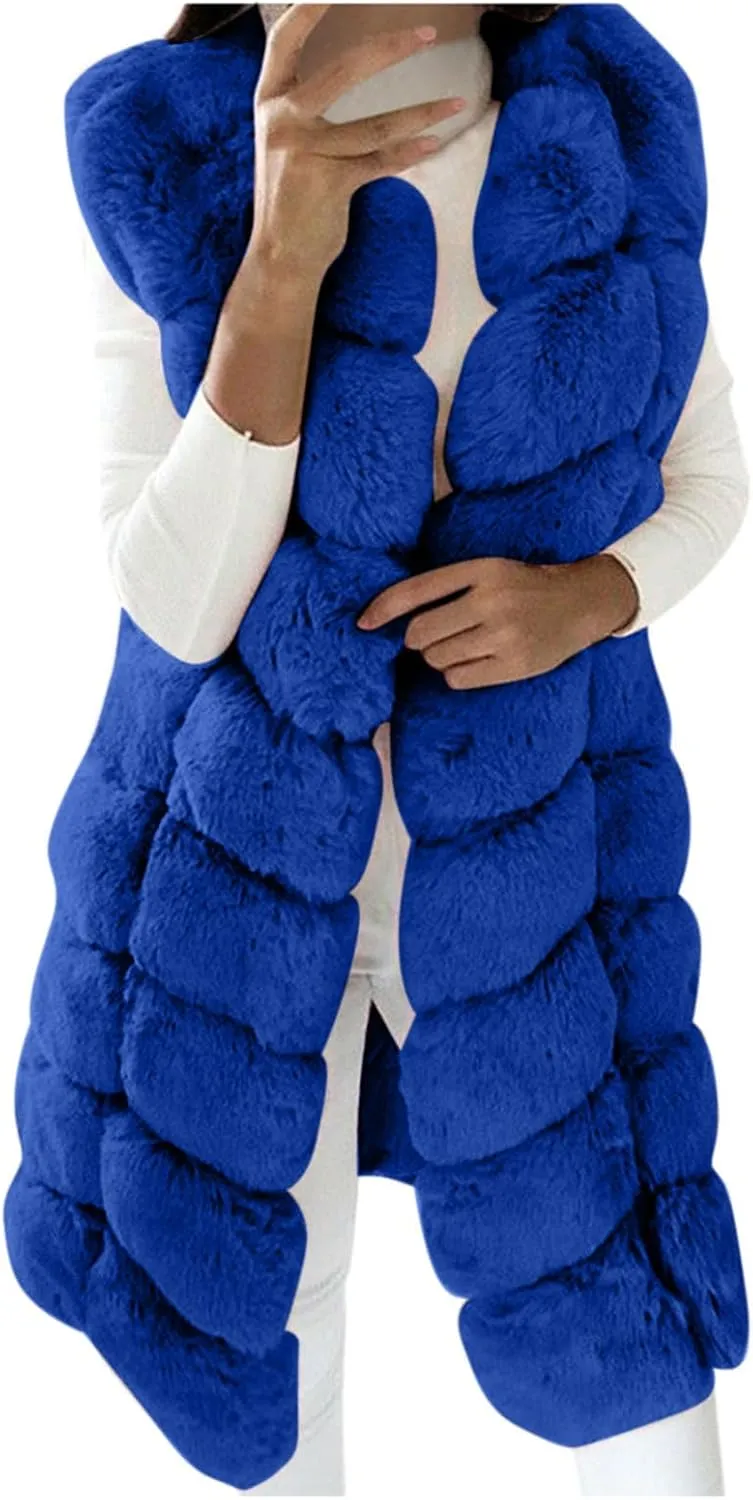 Womens Faux Fur Winter Coats Sleeveless Warm Jacket Sherpa Vest Plus Size Fuzzy Fleece Long Coat Outerwear with Pocket