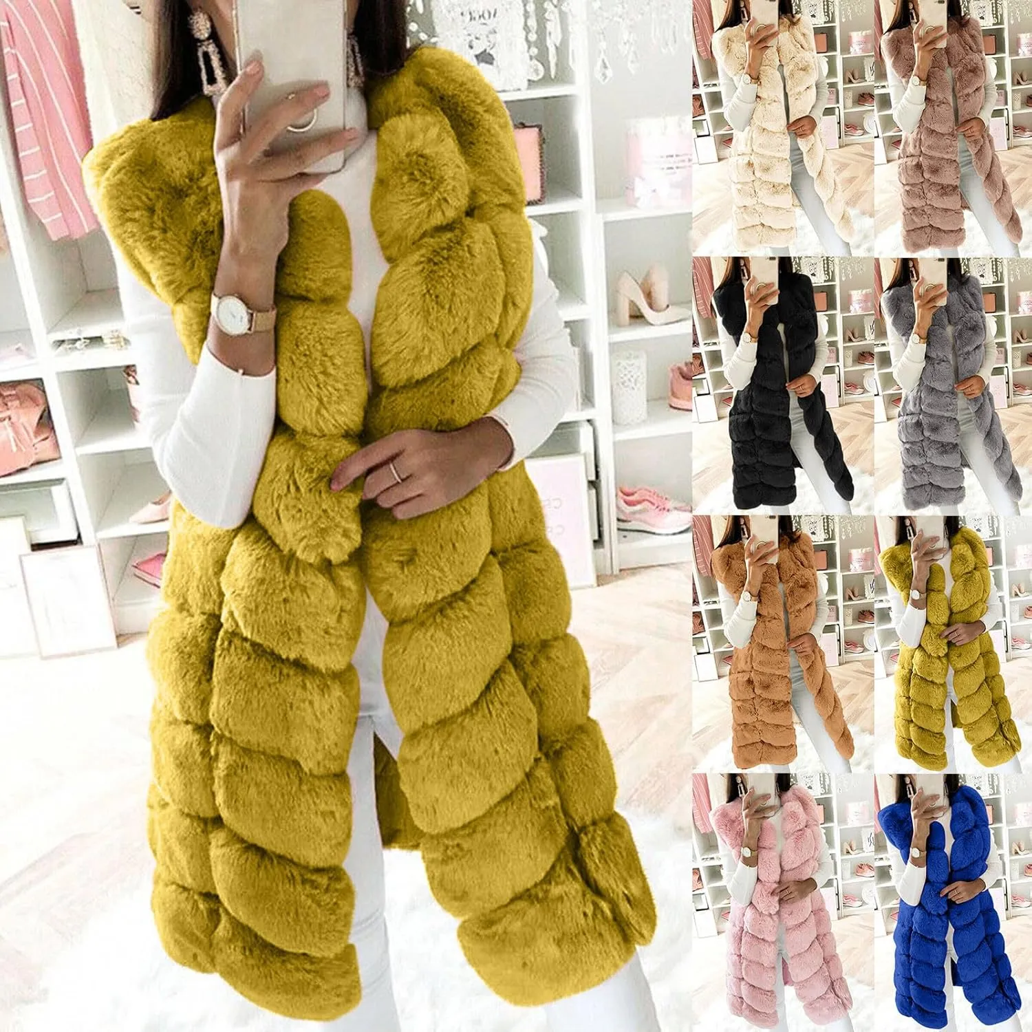 Womens Faux Fur Winter Coats Sleeveless Warm Jacket Sherpa Vest Plus Size Fuzzy Fleece Long Coat Outerwear with Pocket