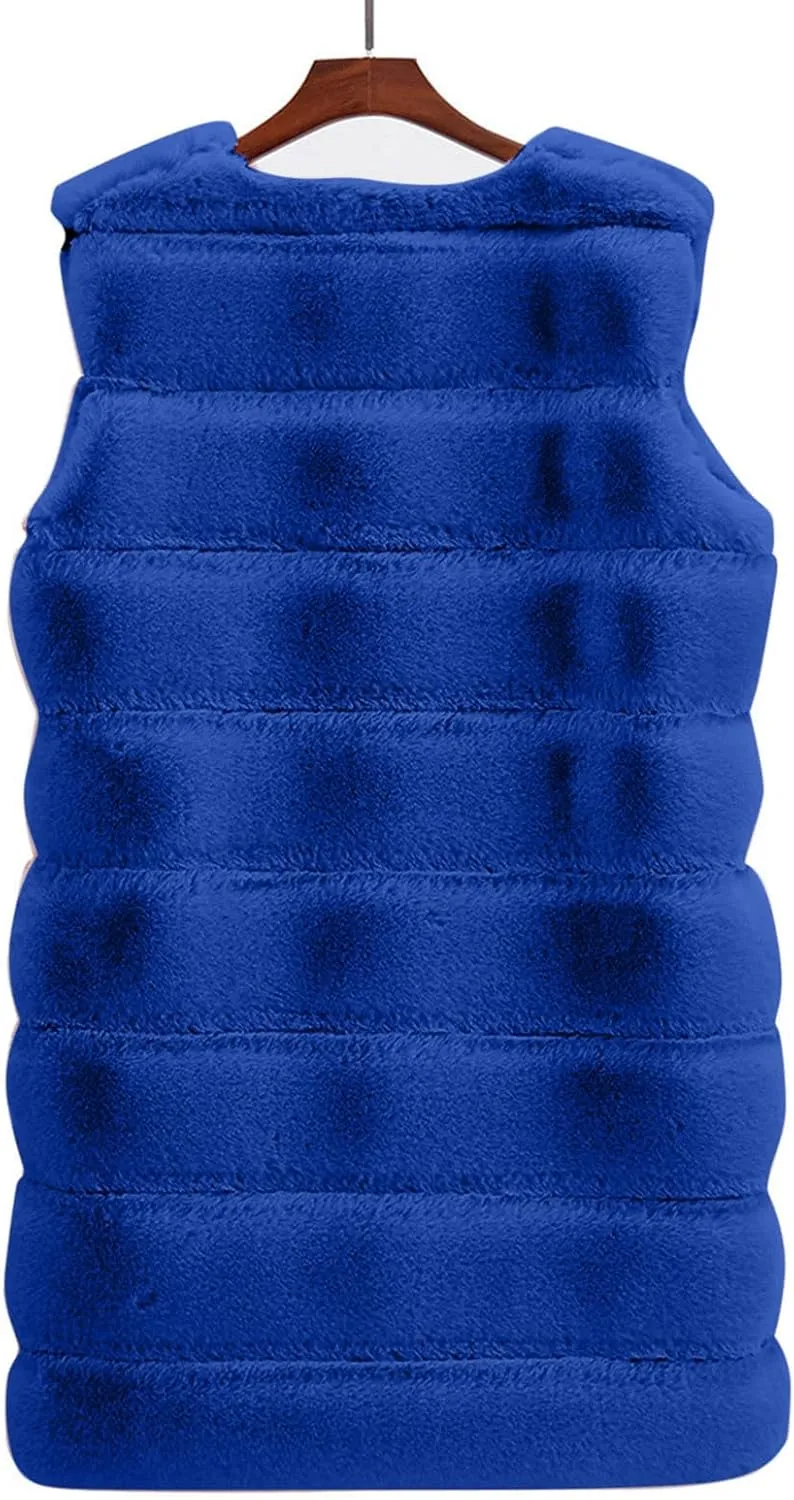 Womens Faux Fur Winter Coats Sleeveless Warm Jacket Sherpa Vest Plus Size Fuzzy Fleece Long Coat Outerwear with Pocket