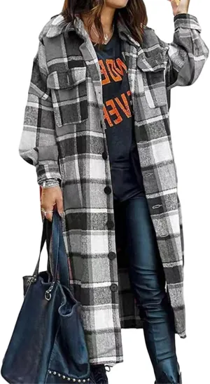 Womens Flannel Plaid Shacket Casual Loose Lapel Button Down Long Jacket Fall Winter Wool Blend Coat Warm Trench Coats