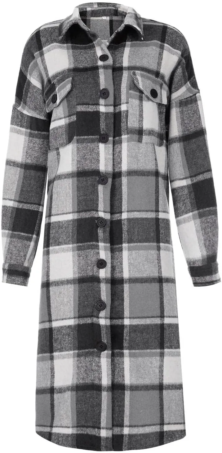 Womens Flannel Plaid Shacket Casual Loose Lapel Button Down Long Jacket Fall Winter Wool Blend Coat Warm Trench Coats