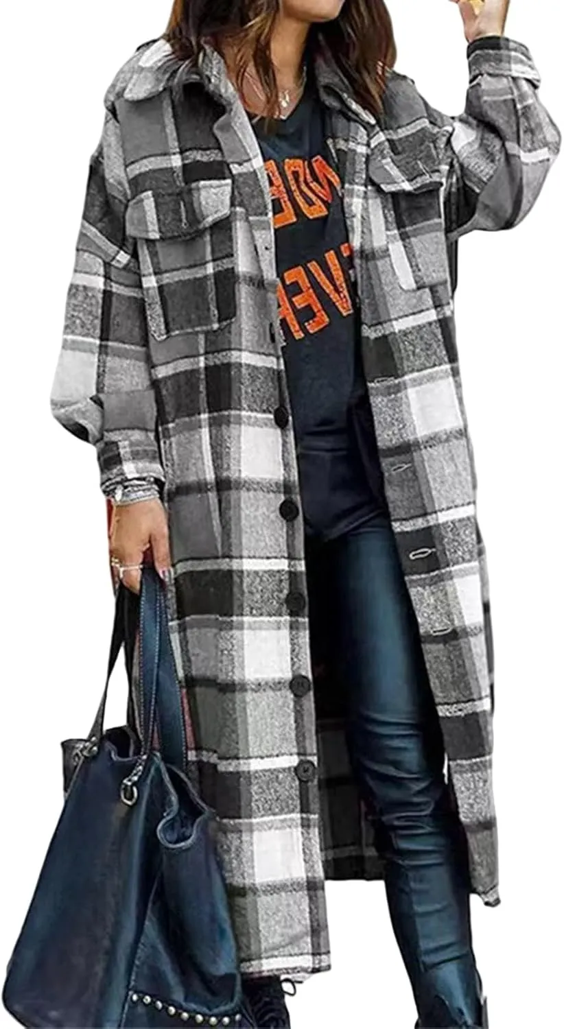 Womens Flannel Plaid Shacket Casual Loose Lapel Button Down Long Jacket Fall Winter Wool Blend Coat Warm Trench Coats