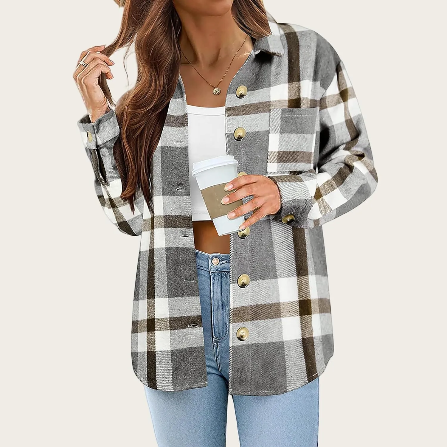 Women's Flannel Plaid Shirt Button Down Long Sleeve Shacket Jacket Oversized Lapel Coats Casual Boyfriend Jacket