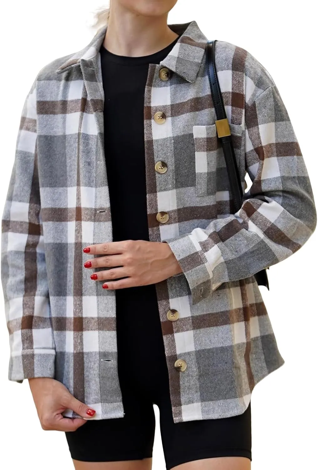 Women's Flannel Plaid Shirt Button Down Long Sleeve Shacket Jacket Oversized Lapel Coats Casual Boyfriend Jacket