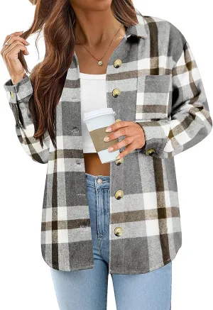 Women's Flannel Plaid Shirt Button Down Long Sleeve Shacket Jacket Oversized Lapel Coats Casual Boyfriend Jacket