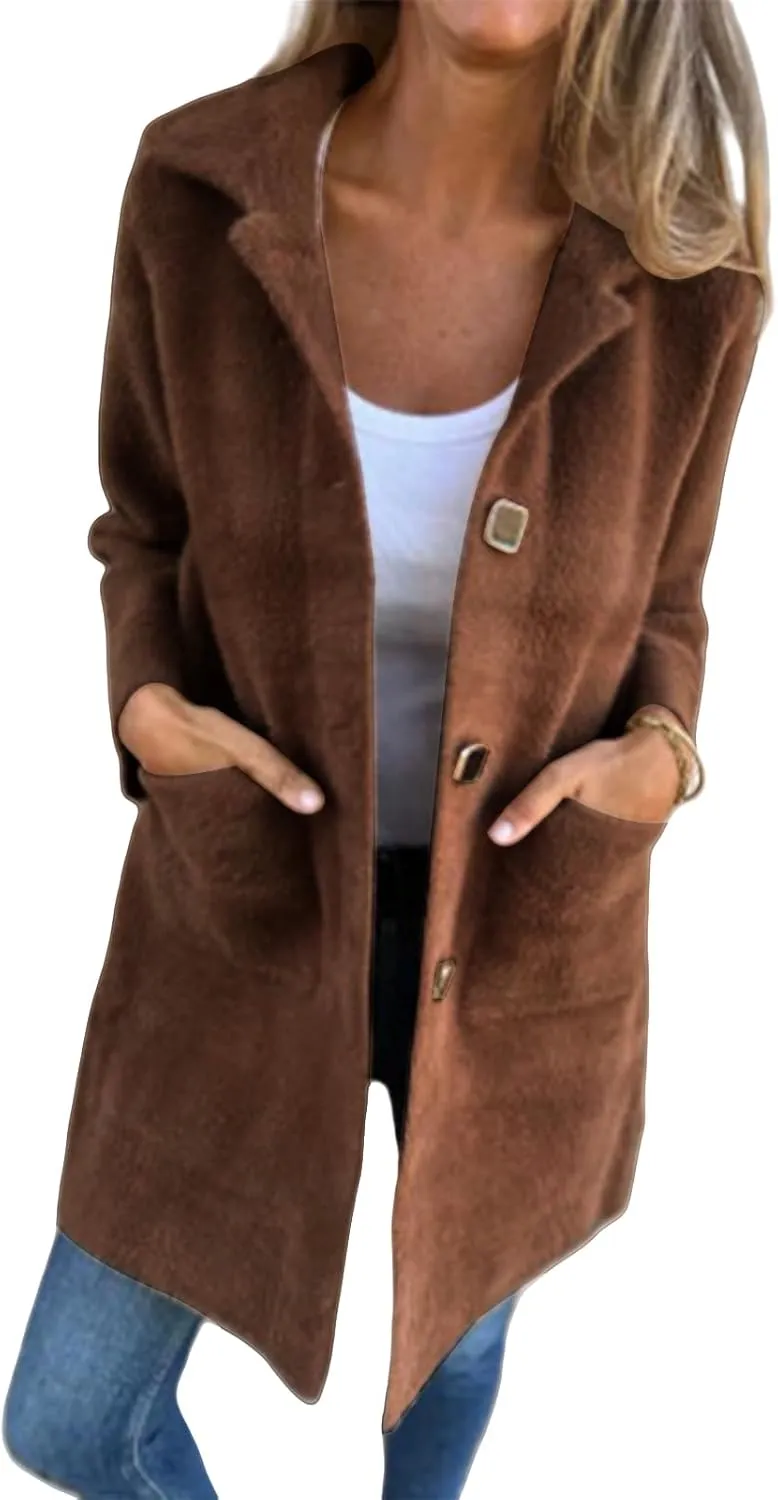 Womens Fleece Jacket Wool Blend Mid Long Overcoat Button Down Lapel Sherpa Shacket Jacket Casual Pea Coat