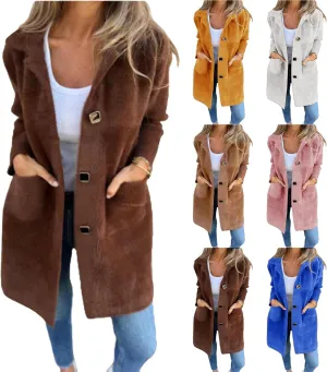 Womens Fleece Jacket Wool Blend Mid Long Overcoat Button Down Lapel Sherpa Shacket Jacket Casual Pea Coat