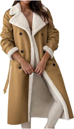 Women's Fleece Lined Overcoat Trendy Long Coats Sherpa Parka Jacket Warm Tops Sweater Plush Outerwear