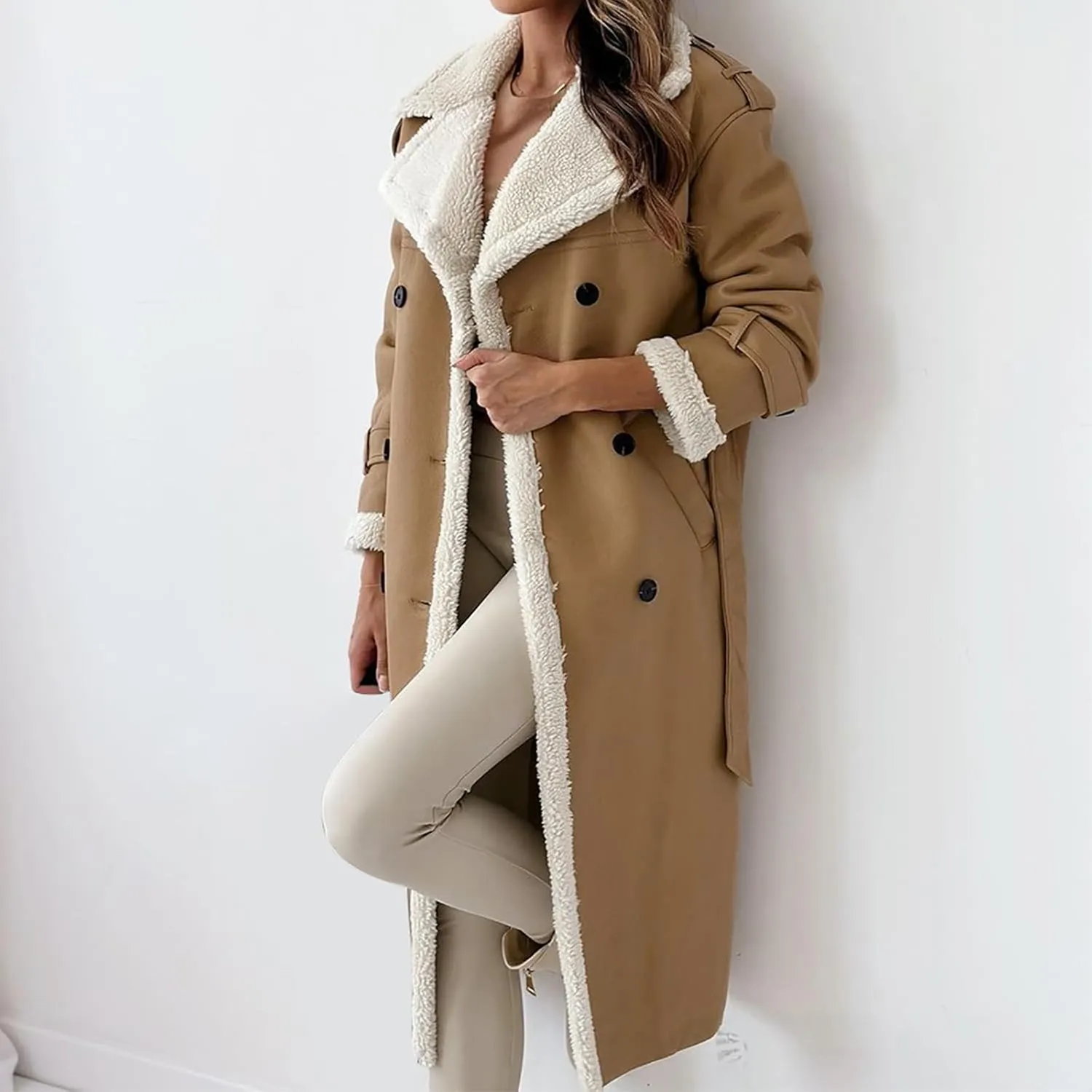 Women's Fleece Lined Overcoat Trendy Long Coats Sherpa Parka Jacket Warm Tops Sweater Plush Outerwear