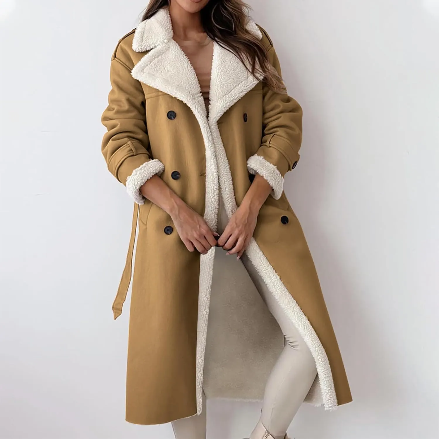 Women's Fleece Lined Overcoat Trendy Long Coats Sherpa Parka Jacket Warm Tops Sweater Plush Outerwear