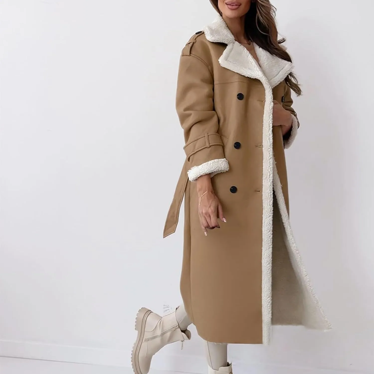 Women's Fleece Lined Overcoat Trendy Long Coats Sherpa Parka Jacket Warm Tops Sweater Plush Outerwear