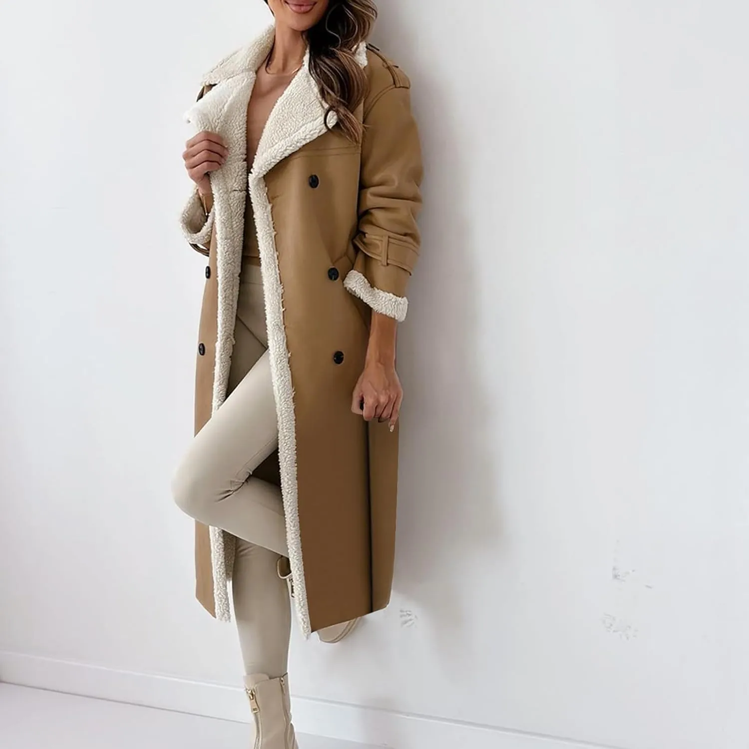 Women's Fleece Lined Overcoat Trendy Long Coats Sherpa Parka Jacket Warm Tops Sweater Plush Outerwear