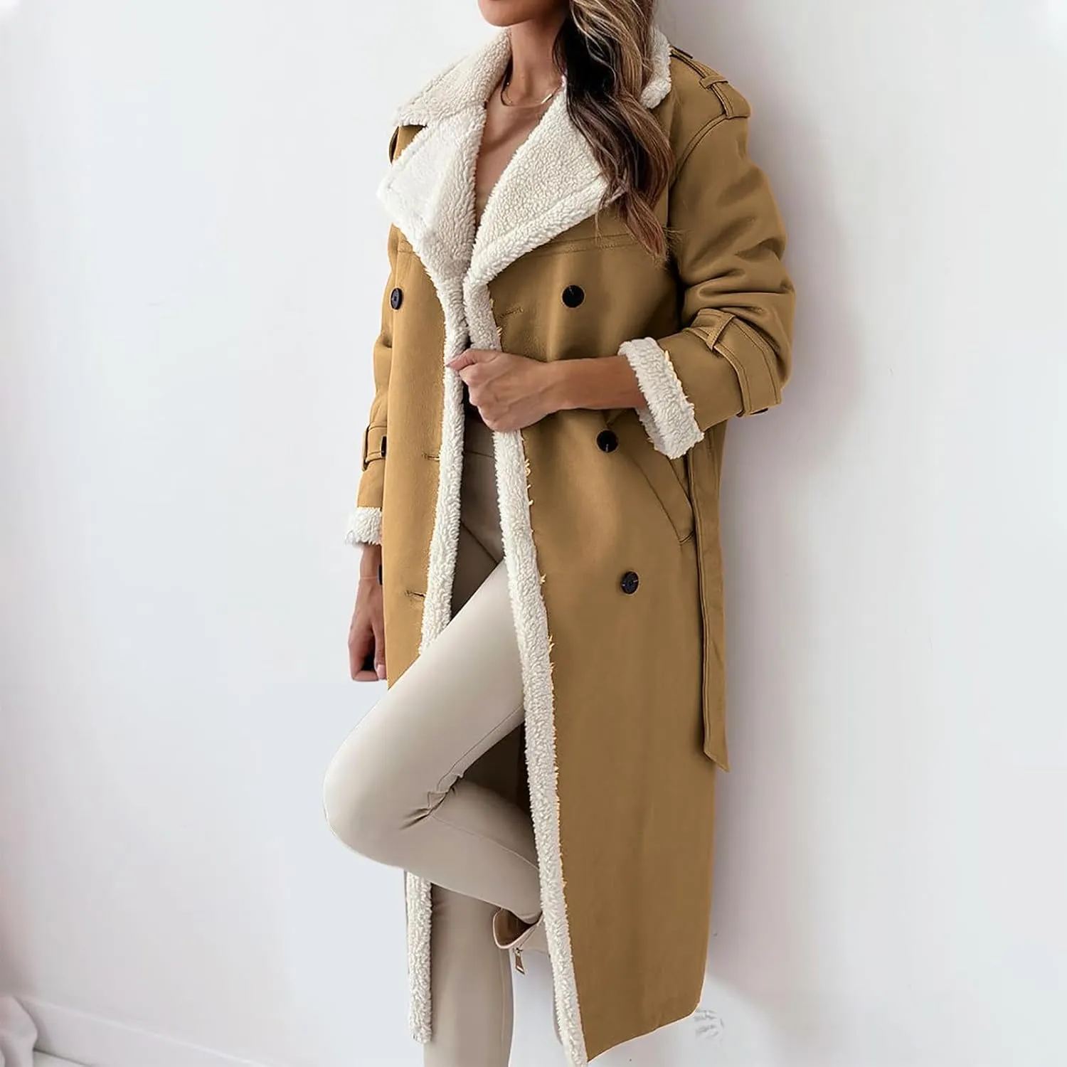 Women's Fleece Lined Overcoat Trendy Long Coats Sherpa Parka Jacket Warm Tops Sweater Plush Outerwear