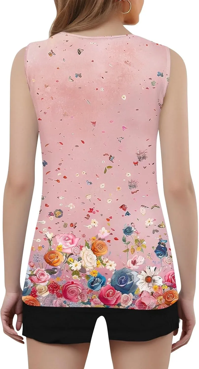 Women's Floral Print Sleeveless Top with Detail Casual Summer Blouse Lightweight and Breathable Fabric