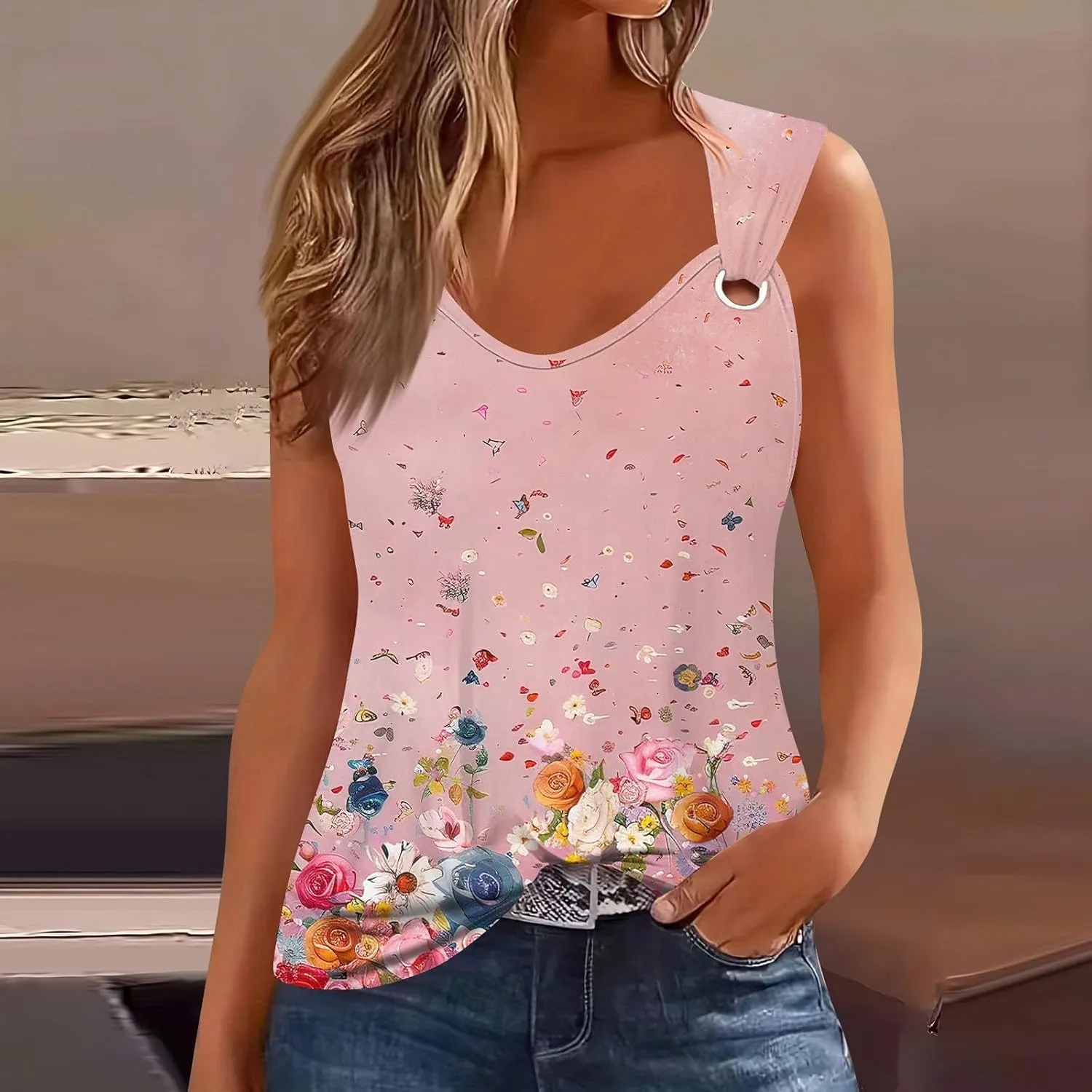 Women's Floral Print Sleeveless Top with Detail Casual Summer Blouse Lightweight and Breathable Fabric