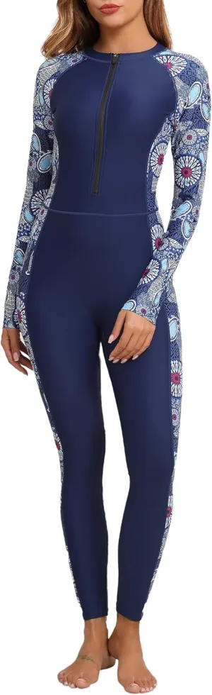 Womens Full Body Zip Front Rash Guard Long Sleeve One Piece Bathing Suit with Built in Bra UPF50  Surf Swimsuit