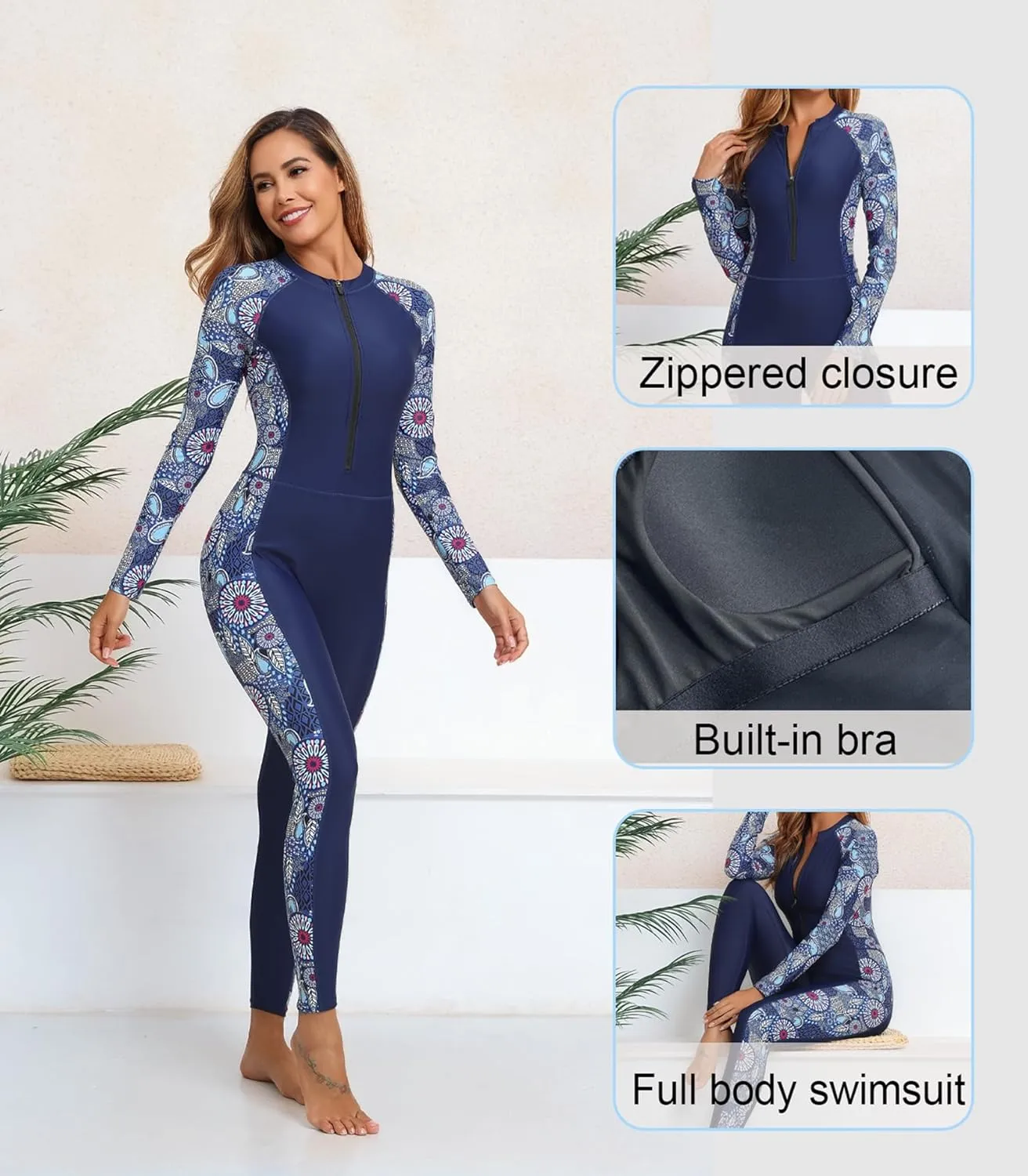 Womens Full Body Zip Front Rash Guard Long Sleeve One Piece Bathing Suit with Built in Bra UPF50  Surf Swimsuit