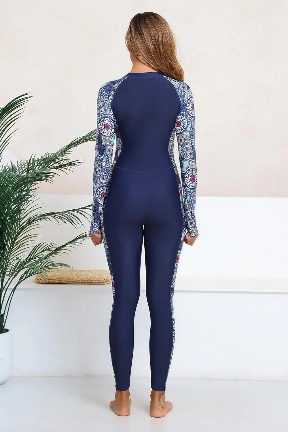 Womens Full Body Zip Front Rash Guard Long Sleeve One Piece Bathing Suit with Built in Bra UPF50  Surf Swimsuit