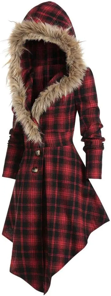 Womens Furry Hooded Jackets Plaid Printed Plush Button Asymmetric Long Tops Cloak Button Gothic Coats