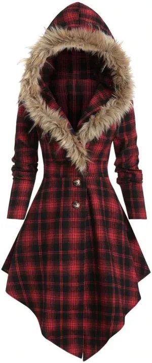 Womens Furry Hooded Jackets Plaid Printed Plush Button Asymmetric Long Tops Cloak Button Gothic Coats