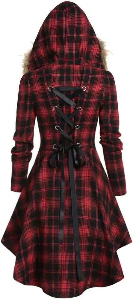 Womens Furry Hooded Jackets Plaid Printed Plush Button Asymmetric Long Tops Cloak Button Gothic Coats