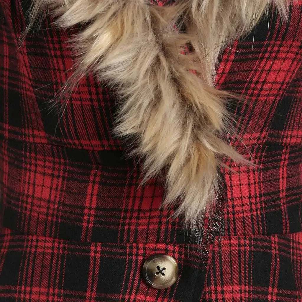Womens Furry Hooded Jackets Plaid Printed Plush Button Asymmetric Long Tops Cloak Button Gothic Coats
