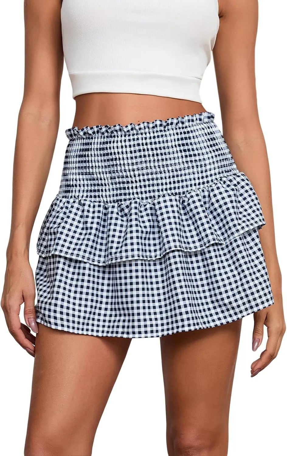 Womens Gingham Mini Skirt Men Sissy Plaid Pleated Lace A Line Ruffle Tiered Short Skirts Halloween Costume Cosplay