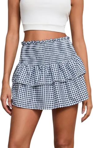 Womens Gingham Mini Skirt Men Sissy Plaid Pleated Lace A Line Ruffle Tiered Short Skirts Halloween Costume Cosplay
