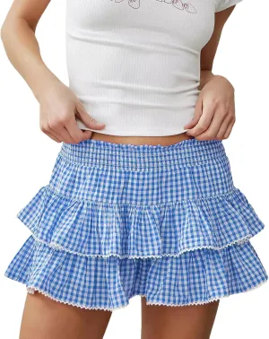Womens Gingham Mini Skirt Men Sissy Plaid Pleated Lace A Line Ruffle Tiered Short Skirts Halloween Costume Cosplay