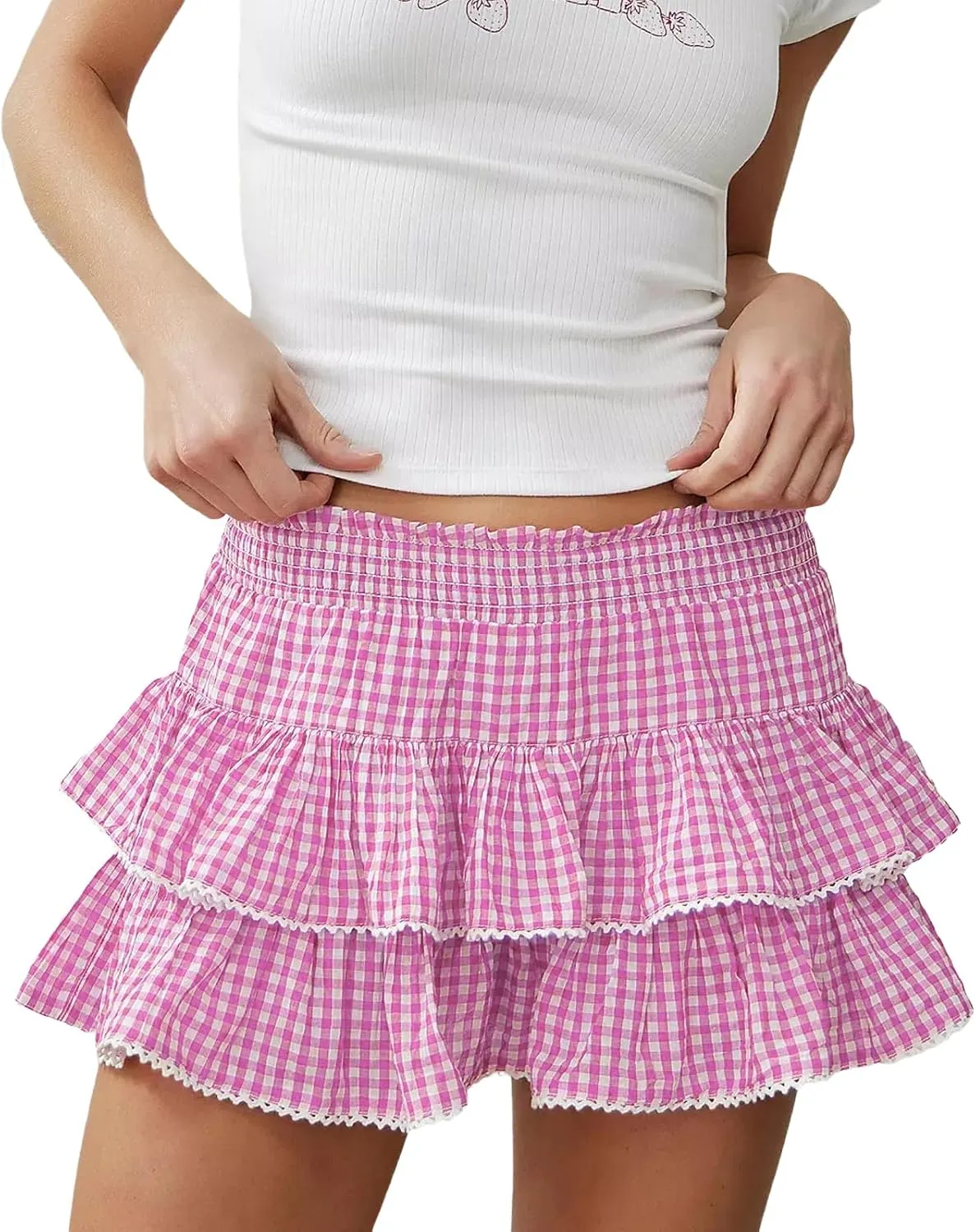 Womens Gingham Mini Skirt Men Sissy Plaid Pleated Lace A Line Ruffle Tiered Short Skirts Halloween Costume Cosplay