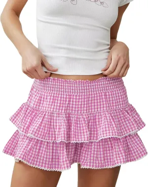 Womens Gingham Mini Skirt Men Sissy Plaid Pleated Lace A Line Ruffle Tiered Short Skirts Halloween Costume Cosplay