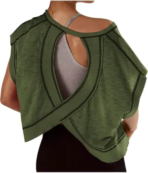 Womens Gym Yoga Tops Backless Casual Fashion Open Back Athletic Shirts Solid Color Running Crop Workout Tee Tops
