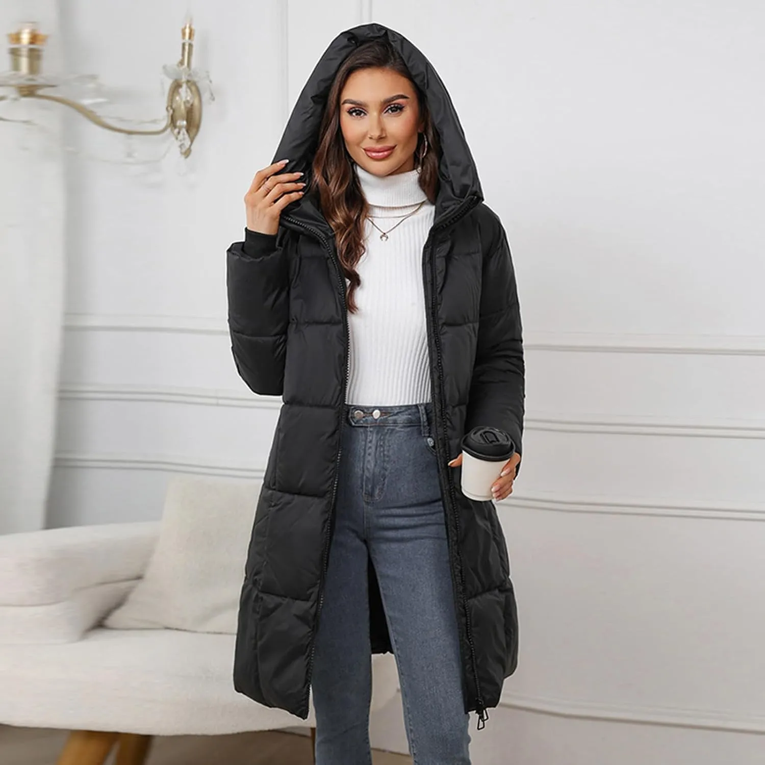 Womens Hooded Puffer Coat Winter Warm Quilted Down Coat Mid-Length Full Zip Lightweight Jacket Outerwear With Pockets